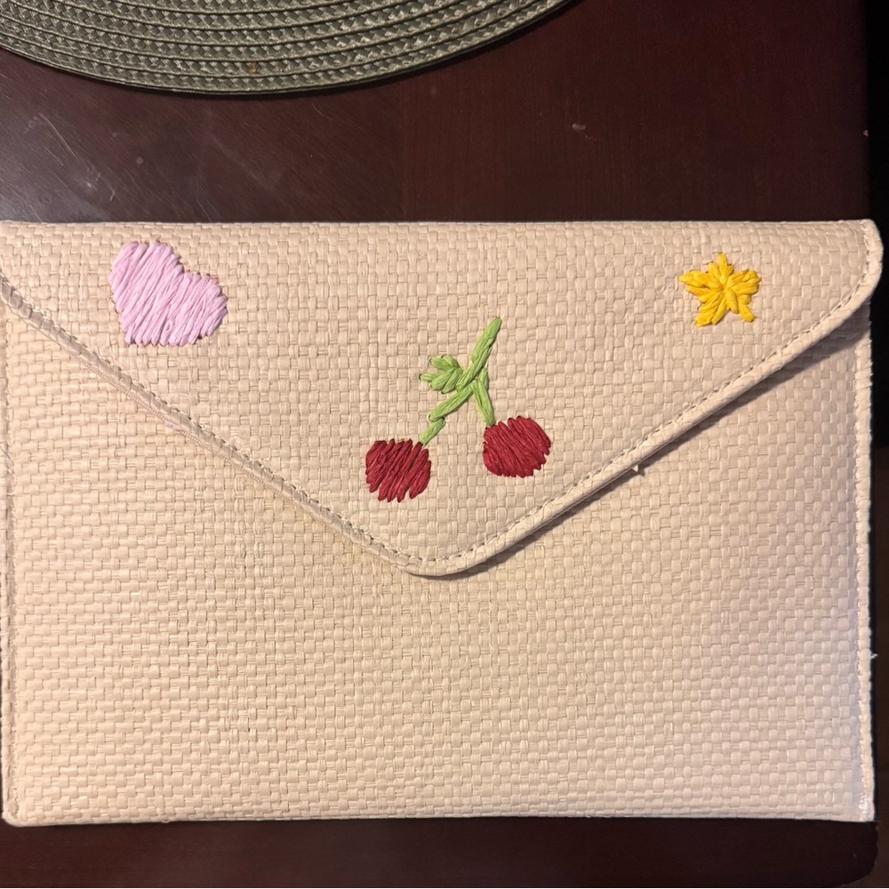 Embroidered Cream Clutch with Cherry Design